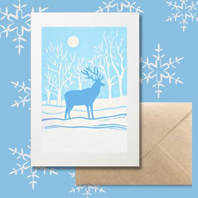 Winter Stag Xmas Card Linocut Studio