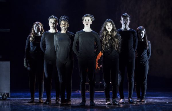 Left to right: Maeve Foley, Ryan Cunningham, Praise Adetuyi, Tadhg Brennan, Niamh Langan, Christopher Kilmartin and Kayleigh Gallagher Kenny in An Grianan Youth Theatre's The Wolves of Willoughby Chase. April 2018. Photo by Paul McGuckin. All rights reserved.