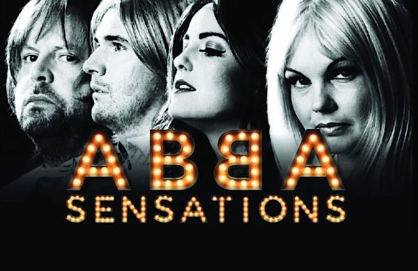 Black and white image of two men and two women posing like the 70s supergroup ABBA with the words ABBA SENSATIONS overlaid in a typeface mimicking theatre lights.