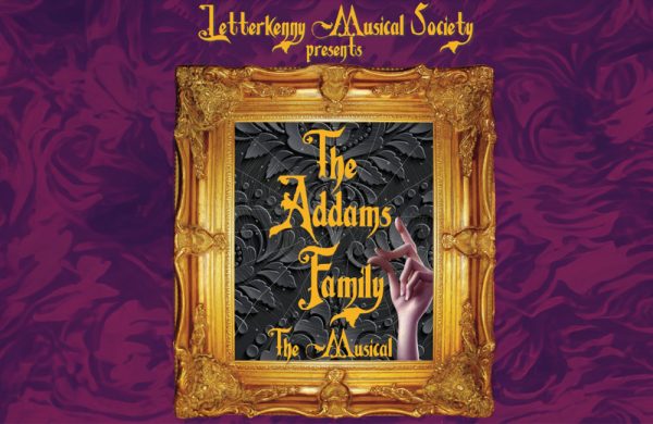 Poster graphics in gothic purple, black and gold featuring the title The Addams Family in side a gilt frame.