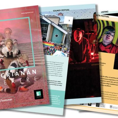 Montage of pages from An Grianán Theatre's summer 2024 brochure and events guide.